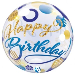 22 inch Happy Birthday - Blue & Gold - Bubble Balloon