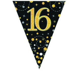 Happy 16th Birthday Black Sparkling Fizz Party Vlaggenlijn